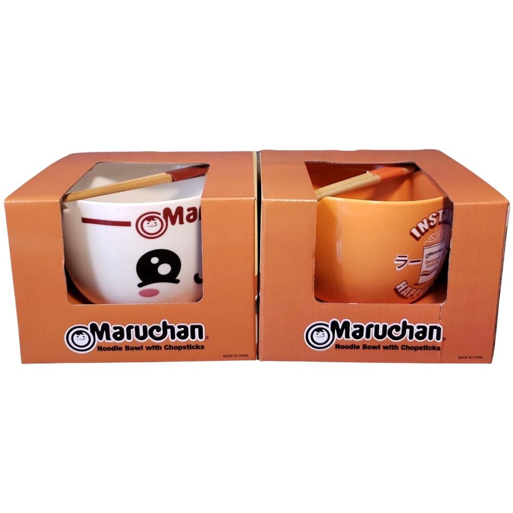 Maruchan Ramen Noodle Ceramic Soup Bowls Set with Chopsticks White & Orange